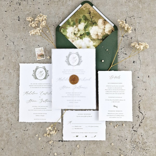 Monogram Wedding Invitation, Deckled Edge Green Crest Vellum Invitation, Vellum Sleeve Wedding Invitation with Wax Seal