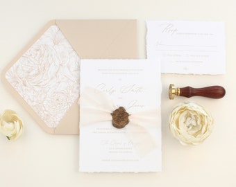 Deckled Edge Paper Wedding Invitation Suite, Minimalist Wax Seal Wedding Invitation with Ribbon and Peony Envelope Liner