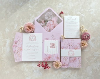 Dusty Rose Printed Pocketfold Wedding Invitation Suite | Wedding Invitation Suite | Blush Pink Wedding Invitation | Floral Invitation