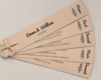 Rustic Menu Cards, Brown Kraft Menu Card, Fan Menu Card, Farm Chic Wedding Menu, Vintage Menu Cards, Wedding Dinner Menu, Stationery
