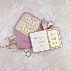 Biglietto Save the Date Art Déco rosa e oro con busta e fodera per busta, Save the Date glitter oro rosa antico