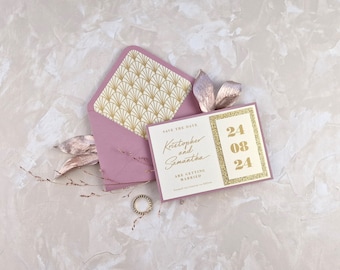 Pink and Gold Art Deco Save the Date Card With Envelope and Envelope Liner, Dusty Rose Gold Glitter Save the Date