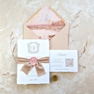 Conjunto de convites de casamento com borda denteada | Convite de casamento com selo de cera e fita | Convite de casamento com monograma | Convite bege