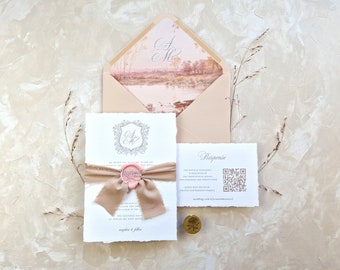 Deckled Edge Wedding Invitation Suite | Wax Seal Wedding Invitation with Ribbon | Monogram Wedding Invitation | Beige Invitation