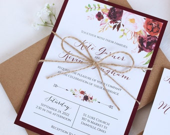 Burgundy Floral Wedding Invitation Suite, Rustic Marsala Wedding Invitation