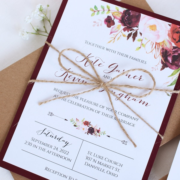 Burgundy Floral Wedding Invitation Suite, Rustic Marsala Wedding Invitation