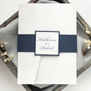 White and Navy Blue Wedding Invitation Suite, Classic Navy Blue Pocketfold Invitation Set