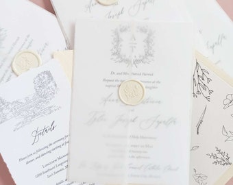 Vellum Wedding Invitation Suite with Monogram, Calligraphy Wax Seal Wedding Invitation, Wedding Invitation with Monogram