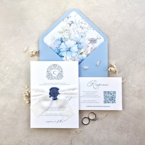 Dusty Blue Pergament-Hochzeits-Einladungs-Reihe | Stahlblau Wachssiegel Hochzeitseinladung | Wappen Hochzeitseinladung | Französische Blaue Einladung