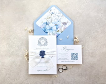 Dusty Blue Vellum Wedding Invitation Suite | Steel Blue Wax Seal Wedding Invitation | Crest Wedding Invitation | French Blue Invitation