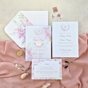 Lilien, die Einladungen Wedding sind | Hochzeitseinladung Pergamenthülle mit Wachssiegel | Gedruckte Hochzeitseinladung Set