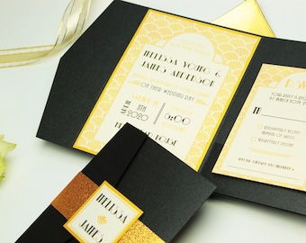 Great Gatsby Themed Wedding Invitation Suite, Art Deco Black and Gold Glitter Invitation Set, Pocketfold Wedding Invitation