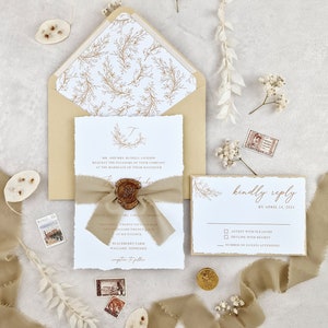 Beige Deckled Edge Wedding Invitation Suite, Wax Seal Wedding Invitation with Ribbon, Monogram Wedding Invitation
