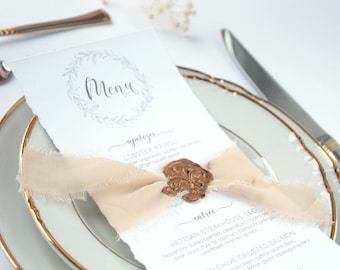 Deckle Edge Menu, Thorn Edge Menu, Dinner Menu, Wedding Reception, Blush Menu, Bronze Wax Seal Menu, Champagne Ribbon Menu