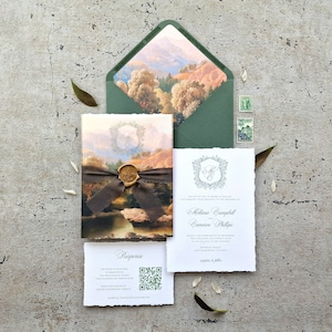 Suite de faire-part de mariage montagne forestière | Suite de faire-part de mariage en papier frangé | Faire-part de mariage en cire avec pochette en vélin