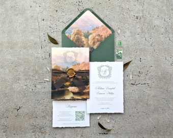 Forest Mountain Wedding Invitation Suite | Deckled Edge Paper Wedding Invitation Suite | Wax Seal Wedding Invitation with Vellum Sleeve