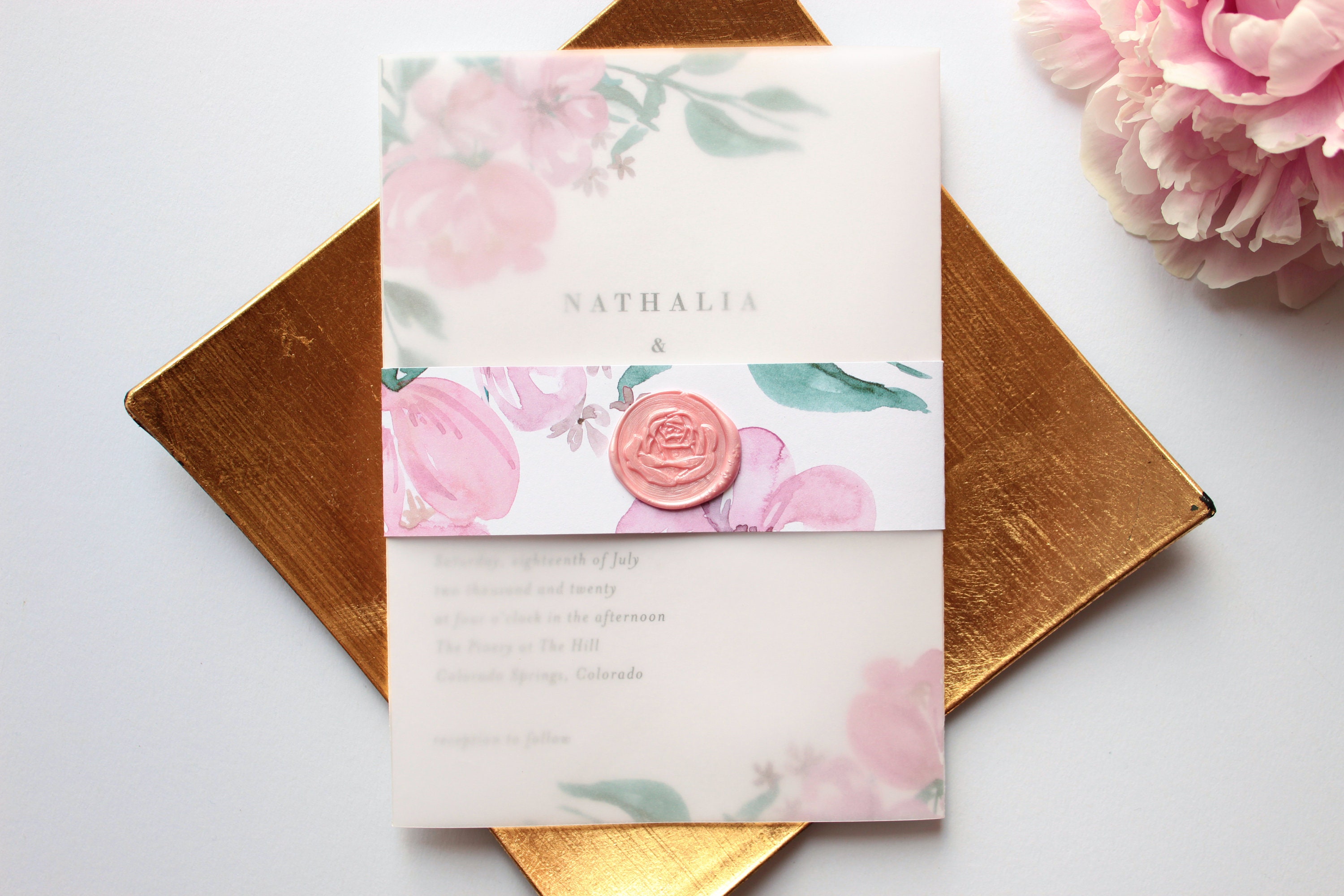 Rose Gold Vellum Venue Portrait Wedding Invitation Pink Wedding Invite Wax Seal Wax Seal Wedding Invite Blush Pink