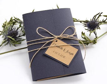 Navy Blue Pocketfold Wedding Invitation Suite, Rustic Wedding Invitation Suite with Twine