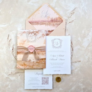 Invitación de boda en papel con bordes desbarbados / Invitación de boda con sello de lacre y funda de vitela / Sobre beige Invitación con sello de lacre rosa