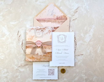 Deckled Edge Paper Wedding Invitation Suite | Wax Seal Wedding Invitation with Vellum Sleeve | Beige Envelope Pink Wax Seal Invitation