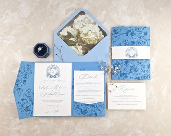 Dusty Blue Printed Pocketfold Wedding Invitation Suite | Wedding Invitation Suite | Victorian Style Wedding Invitation | Toile Invitation