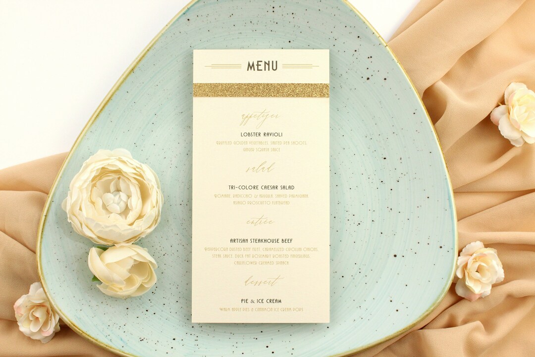 Personalized Gold Glitter Menu Card, Elegant Printed Gatsby Style Menu ...