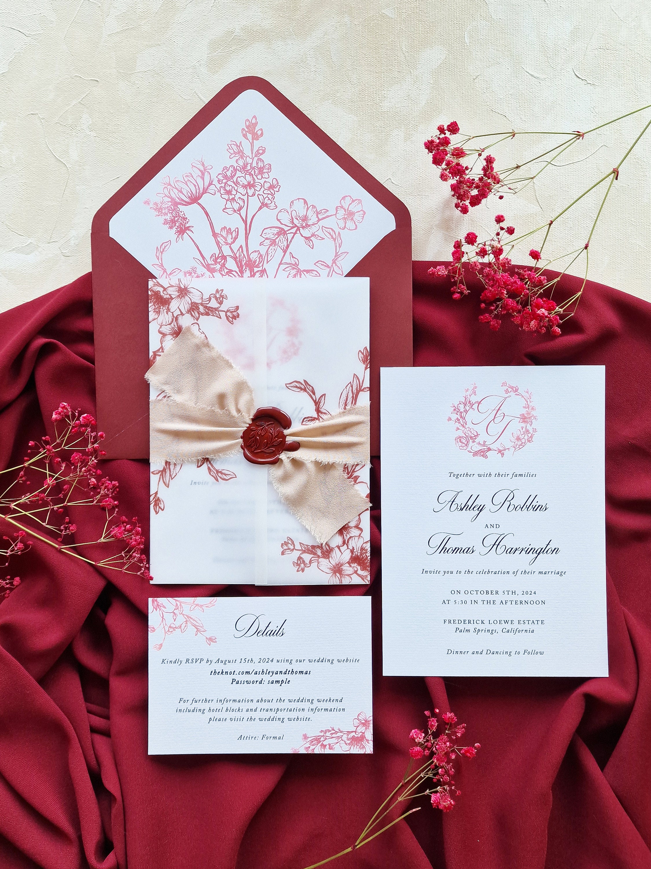 Burgundy Floral Wedding Invited Vellum Paper Wrap with Handmade Paper
