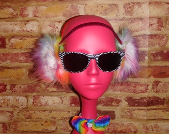 Monster Muff Earmuffs in Unicorn Snowcone Rainbow - (rainbow swirl tipped shaggy monster faux fur) Ear Warmers