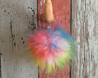 Unicorn Snowcone Rainbow Keychain Fury Monster Ball Pom Charm - For Good Luck!