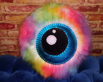 Unicorn Snowcone Rainbow Monster Eyeball Pillow With A Shiny Blue Eye, Round Throw Pillow Faux Fur Stuffed Animal Plush