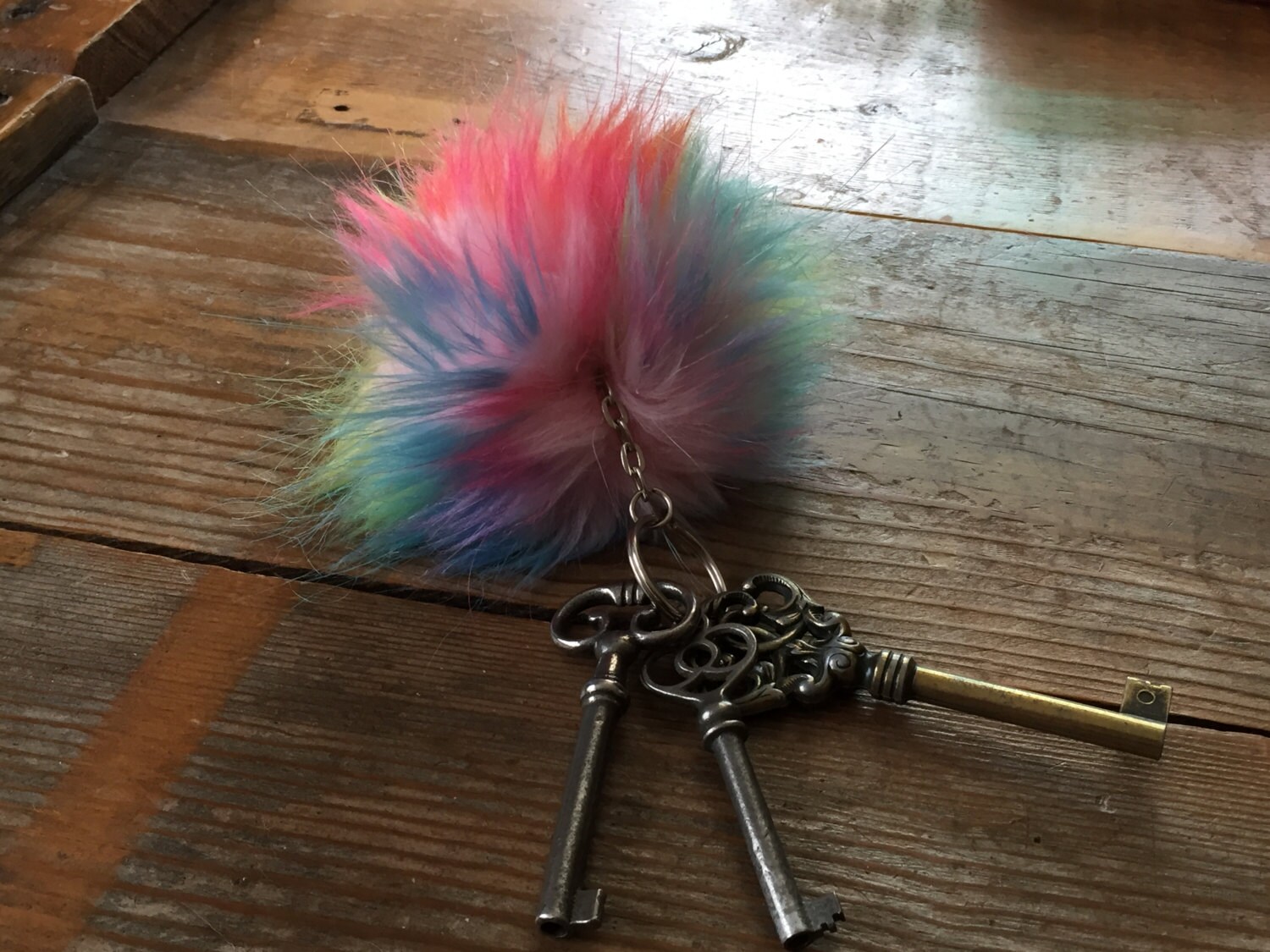 Unicorn Snowcone Rainbow Keychain Fury Monster Ball Pom Charm Etsy