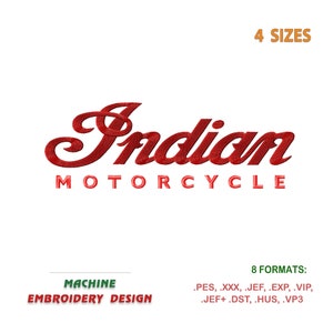 Könnte beinhalten: Maschinenstickerei-Design des Indian Motorcycle-Logos in Rot mit dem Text "Indian Motorcycle" darunter. Das Design ist in 4 Größen und 8 Formaten erhältlich: .PES, .XXX, .JEF, .EXP, .VIP, .JEF+.DST, .HUS, .VP3.