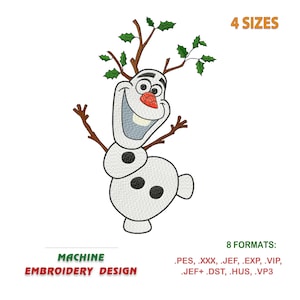 May include: Machine embroidery design of Olaf from Frozen, with holly on his antlers. The design is available in 4 sizes and 8 formats: PES, XXX, JEF, EXP, VIP, JEF+, DST, HUS, VP3.