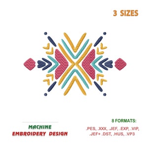 Op de afbeelding: Een kleurrijk geometrisch borduurontwerp met een stervormig patroon in tinten roze, blauw, geel en goud. Het ontwerp is verkrijgbaar in 3 maten en 8 formaten: PES, XXX, JEF, EXP, VIP, JEF+, DST, HUS, VP3.