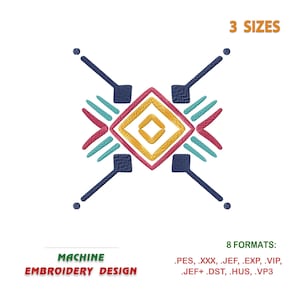 Op de afbeelding: Een borduurontwerp voor een borduurmachine met een geometrisch patroon met een ruitvorm in het midden. Het ontwerp is in tinten blauw, rood, geel en groen. De tekst "3 SIZES" en "8 FORMATS: .PES, .XXX, .JEF, .EXP, .VIP, .JEF+.DST, .HUS, .VP3" is ook in de afbeelding opgenomen.