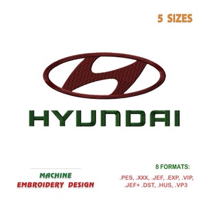 Könnte beinhalten: Maschinenstickerei-Design des Hyundai-Logos. Das Logo ist rot und weiß mit dem Wort "HYUNDAI" in grünen Buchstaben darunter. Das Design ist in 5 Größen und 8 Formaten erhältlich.