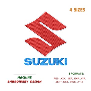 Peut inclure: Modèle de broderie de logo Suzuki rouge et bleu en 4 tailles et 8 formats : .PES, .XXX, .JEF, .EXP, .VIP, .JEF+.DST, .HUS, .VP3. Broderie machine.