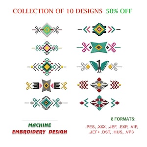 Puede incluir: Una colección de 10 diseños de bordado geométrico en varios colores, incluyendo turquesa, rosa, amarillo y gris. Los diseños son perfectos para agregar un toque de estilo moderno a tus proyectos. El texto "COLLECTION OF 10 DESIGNS 50% OFF" está en la parte superior de la imagen. El texto "8 FORMATS: .PES, XXX, .JEF, .EXP, .VIP, .JEF+.DST, .HUS, .VP3" está en la parte inferior de la imagen. El texto "MACHINE EMBROIDERY DESIGN" está en la esquina inferior izquierda de la imagen.