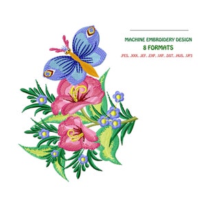 Butterfly and Azalea Flowers Machine Embroidery Design: Unique Nature Ornament for Decor, Instant Download | #NH_0310