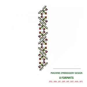 Könnte beinhalten: Maschinenstickdesign mit einem vertikalen Muster aus grünen Blättern und roten Blüten. Das Design ist in 8 Formaten verfügbar: PES, XXX, JEF, EXP, VIP, DST, HUS und UP3.
