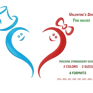 Può includere: Design di ricamo a macchina di due metà di un cuore, una blu con un cappello a cilindro e l'altra rossa con un fiocco, che formano un cuore completo. Il design è intitolato "Valentine's Day Two Halves" e include 8 formati: PES, XXX, JEF, EXP, VIP, DST, HUS, UP3.