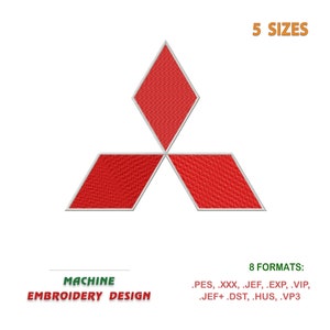 May include: Red Mitsubishi logo embroidery design in 5 sizes and 8 formats: .PES, .XXX, .JEF, .EXP, .VIP, .JEF+.DST, .HUS, .VP3.