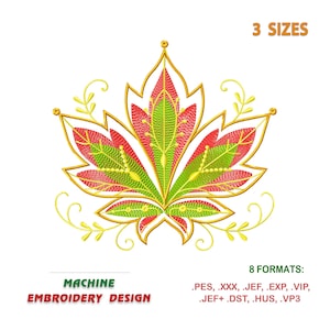Op de afbeelding: Machine borduurontwerp van een rood en groen esdoornblad met gouden contouren. Het ontwerp is verkrijgbaar in 3 maten en 8 formaten: PES, XXX, JEF, EXP, VIP, JEF+, DST, HUS, VP3.