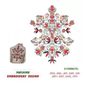 Peut inclure: Modèle de broderie machine avec un motif floral symétrique aux accents rouge, noir, blanc et or. Le motif est disponible en 8 formats : PES, XXX, JEF, EXP, VIP, JEF+DST, HUS, VP3.