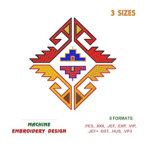 May include: A geometric embroidery design with a diamond shape. The design features red, yellow, and blue colors. The text "MACHINE EMBROIDERY DESIGN" is at the bottom left of the image. The text "3 SIZES" is at the top right of the image. The text "8 FORMATS: .PES, .XXX, .JEF, .EXP, .VIP, .JEF+.DST, .HUS, .VP3" is at the bottom right of the image.
