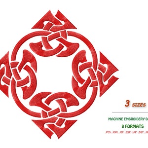 May include: Red Celtic knot design machine embroidery design in 3 sizes and 8 formats: PES, XXX, JEF, EXP, VIP, DST, HUS, UP3.