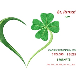 Embroidery ST. Patrick&#39;s Day. Heart digital. Embroidery files. Instant Download. Embroidery digitizing,  for machine embroidery. 2 sizes.