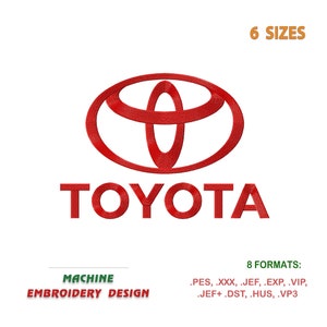 Puede incluir: Diseño de bordado de logotipo de Toyota rojo en 6 tamaños y 8 formatos: .PES, .XXX, .JEF, .EXP, .VIP, .JEF+.DST, .HUS, .VP3.