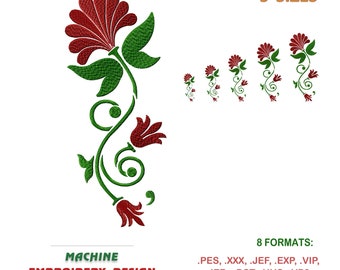 Könnte beinhalten: Maschinenstickerei-Design mit einem roten und grünen Blumenmotiv. Das Design ist in 5 Größen und 8 Formaten erhältlich: .PES, .XXX, .JEF, .EXP, .VIP, .JEF+.DST, .HUS, .VP3.