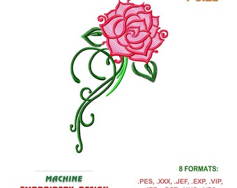 Könnte beinhalten: Maschinenstickdesign mit einer rosa Rose mit grünen Blättern und Stielen. Das Design enthält den Text "1 SIZE" und "MACHINE EMBROIDERY DESIGN". Erhältlich in 8 Formaten.